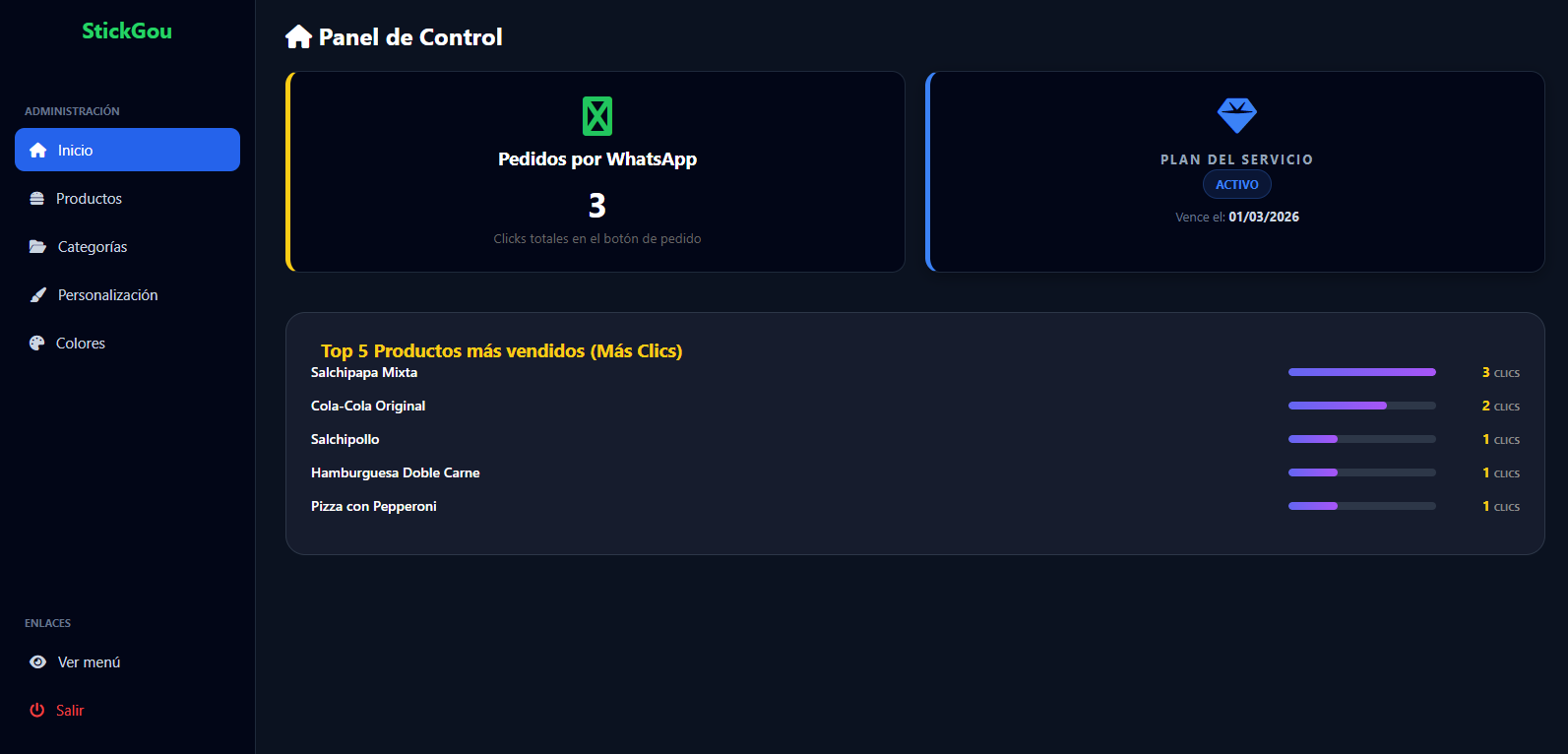 Panel Administrativo StickGou
